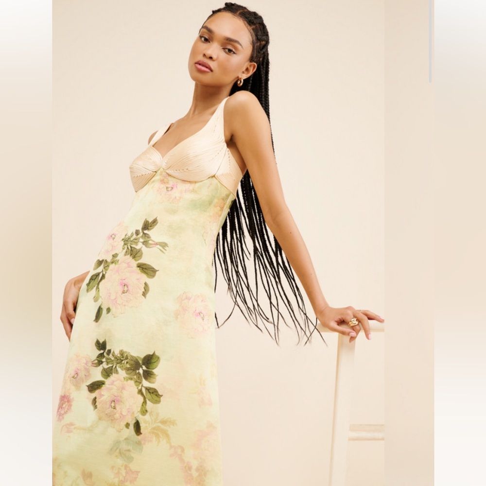 Geisha Floral Maxi Dress with Pink and Green Accents